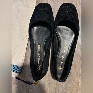Tory Burch Black Suede Georgia Flats with Black Logo Detail
